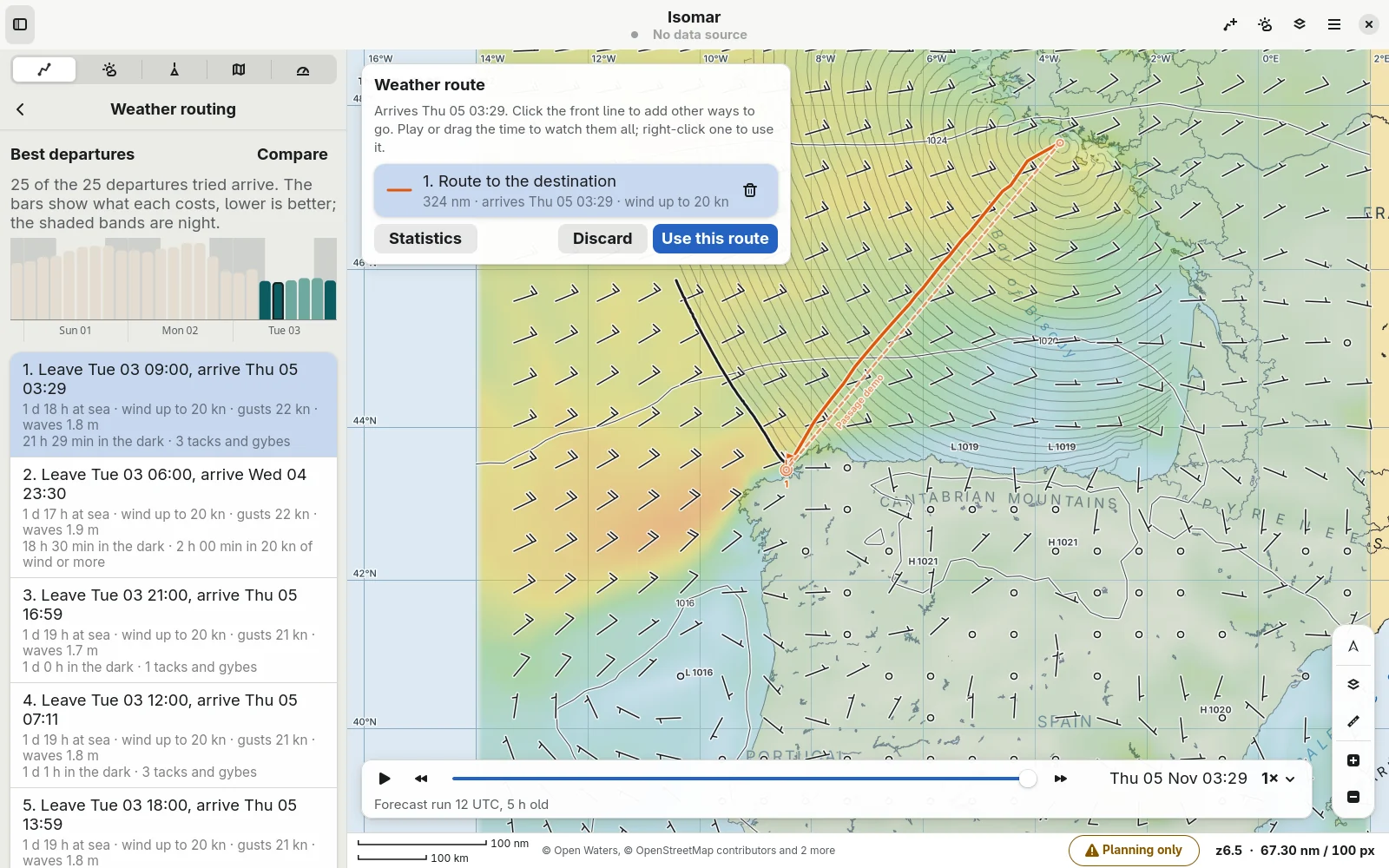 Best departure on Linux for Lorient to A Coruña: a bar chart of the cost of each departure over three days, the best ones listed, and the best route's isochrones over the wind forecast.