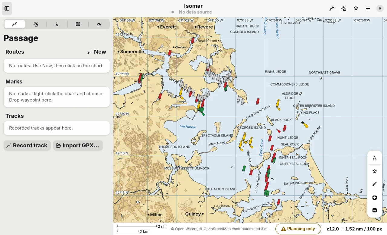 Boston Harbor with ledges, islands and buoys named.
