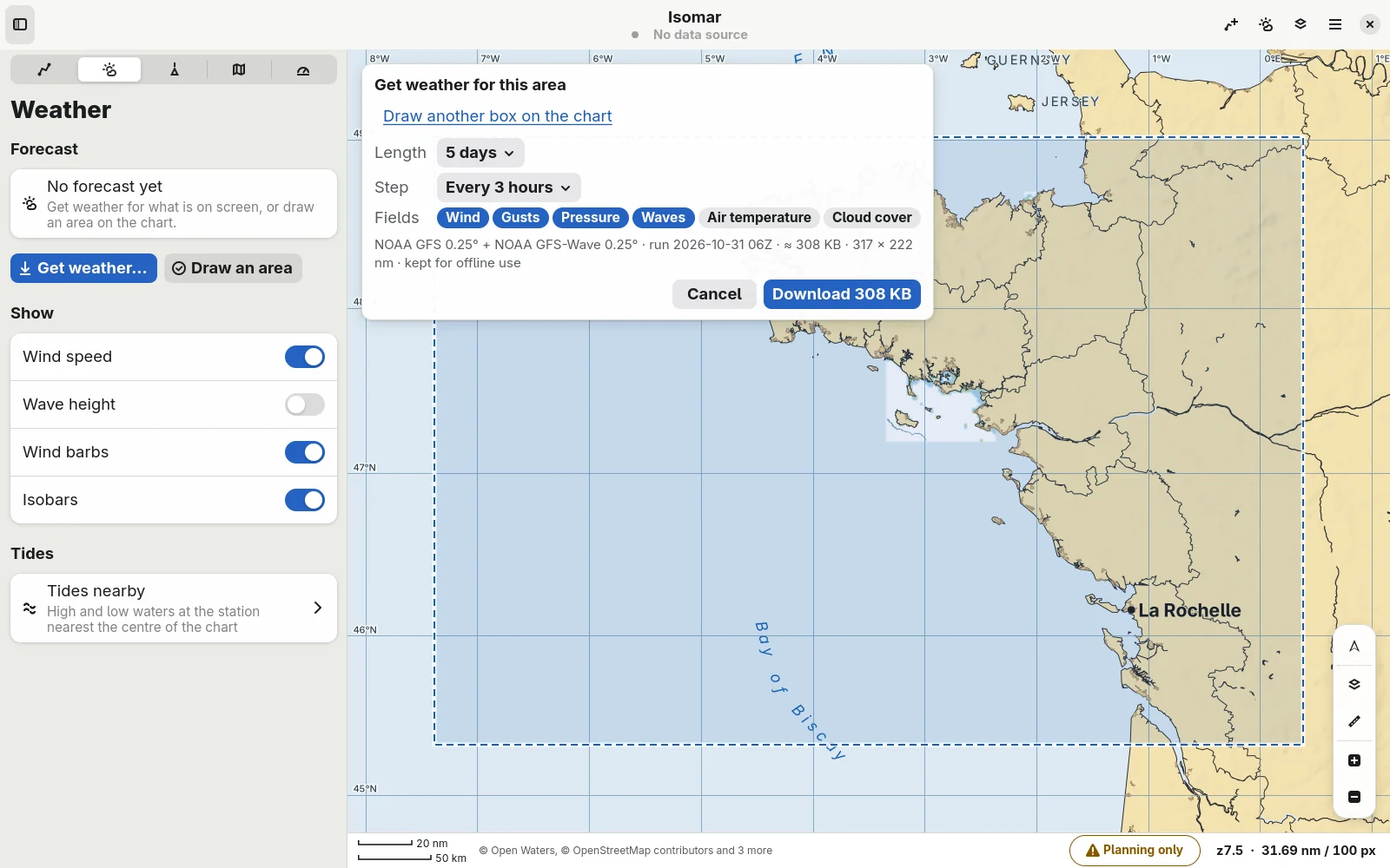 The Get weather card on Linux: forecast length, time step and fields, with a download size of 308 KB.