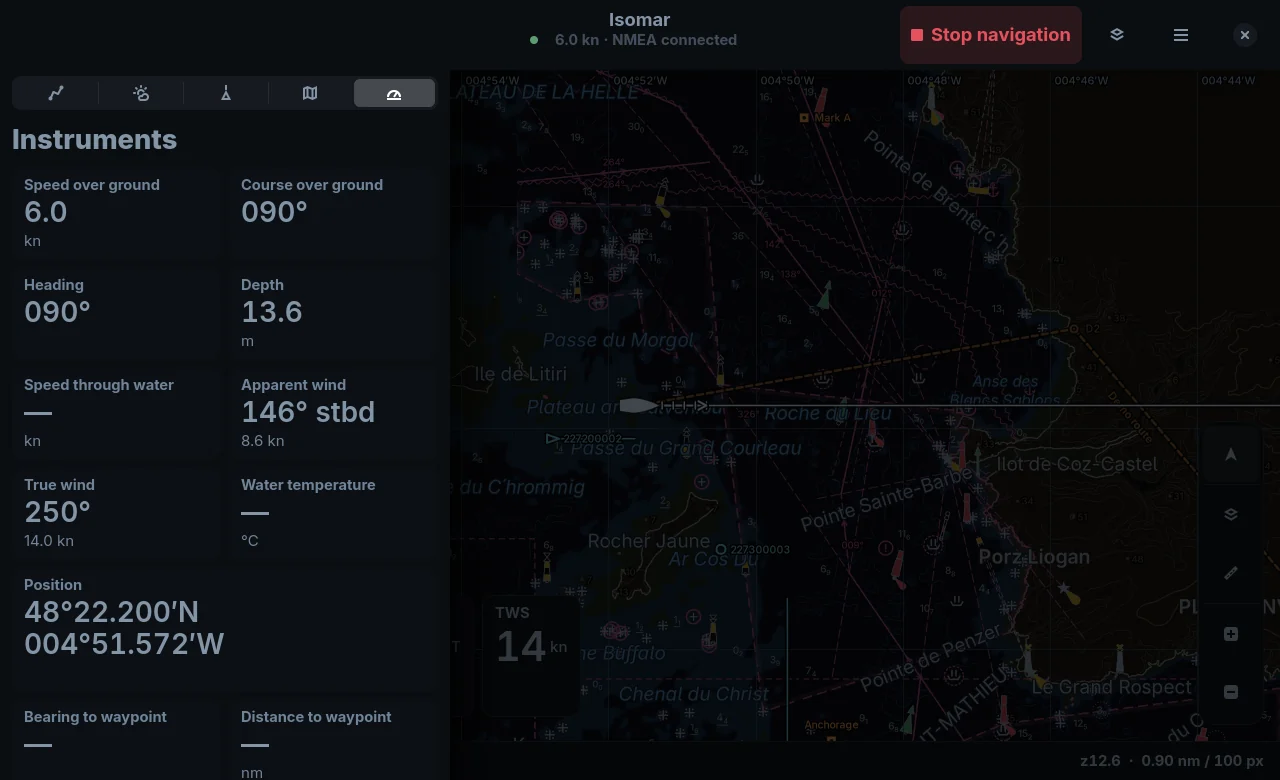 Isomar under way at night on Linux: the instruments page with speed, course, depth and wind, the chart in the night palette.