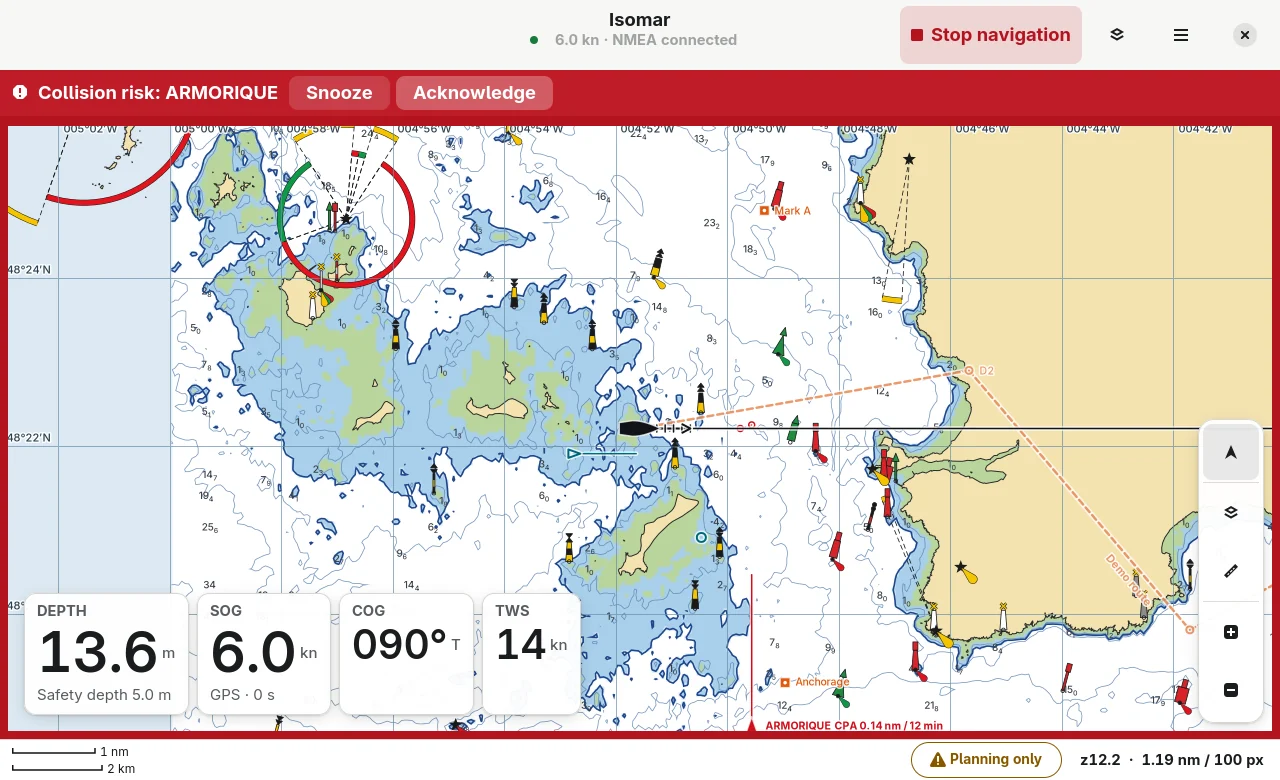 Under way off Brittany: a collision risk alert for the ferry Armorique, with depth, speed, course and wind on the dashboard.