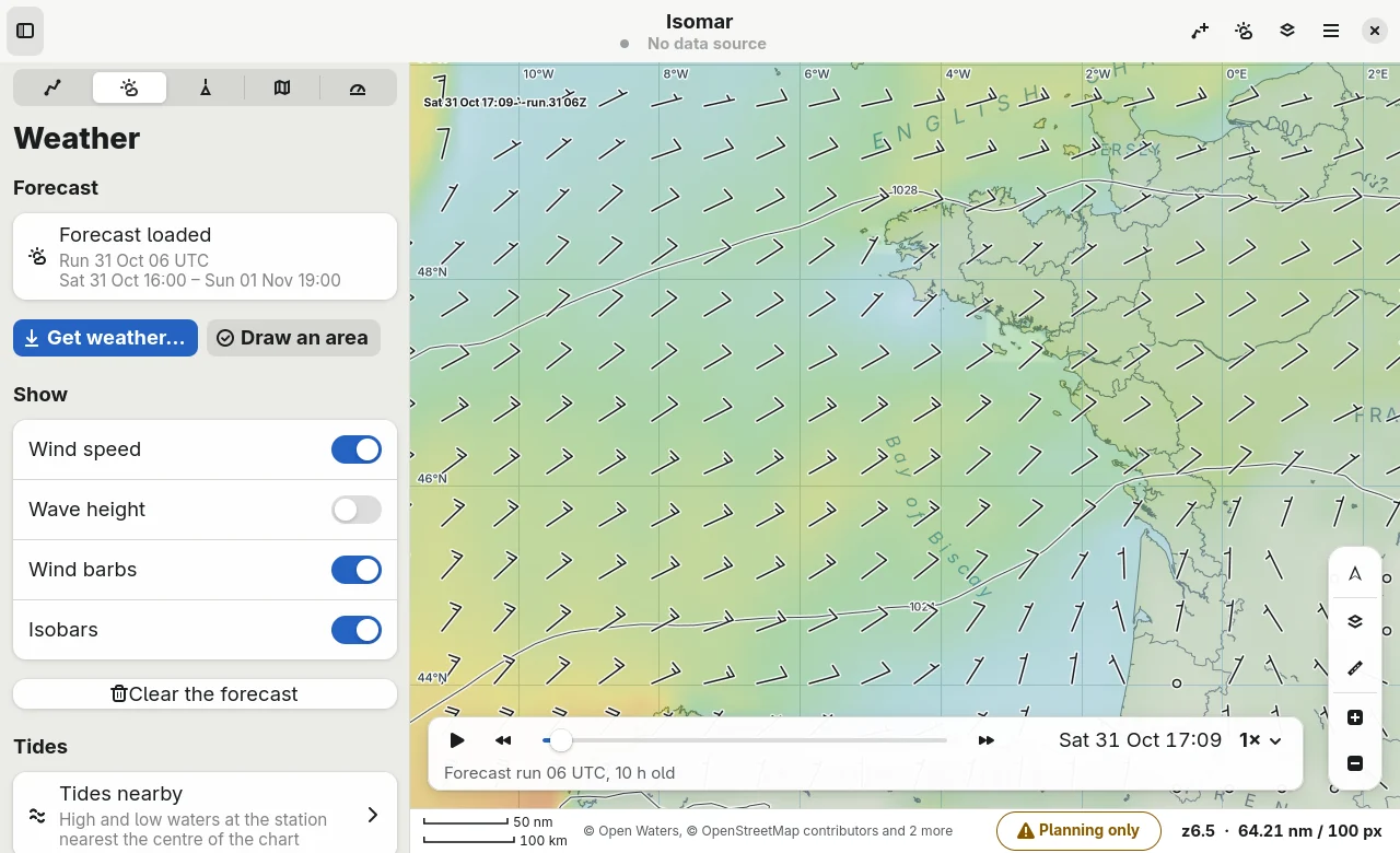 A wind forecast over the Bay of Biscay with barbs, wind colours and isobars.