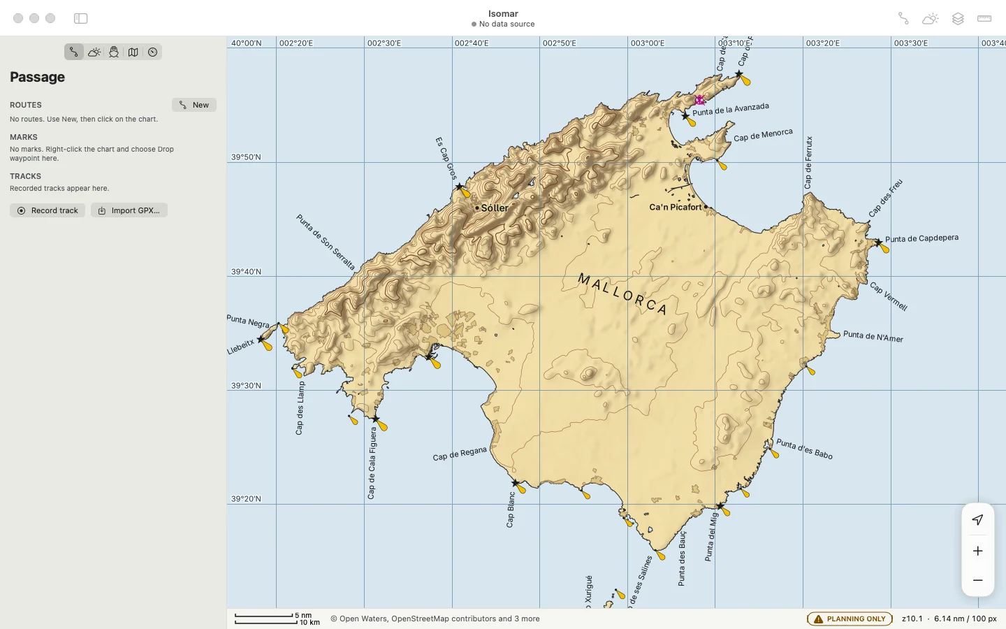 Isomar on macOS showing Mallorca with its capes named along the coast and the Balearic Islands lettered across the water.