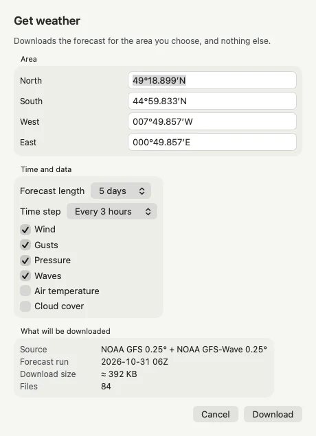 The Get weather sheet on macOS showing the area, fields and download size.