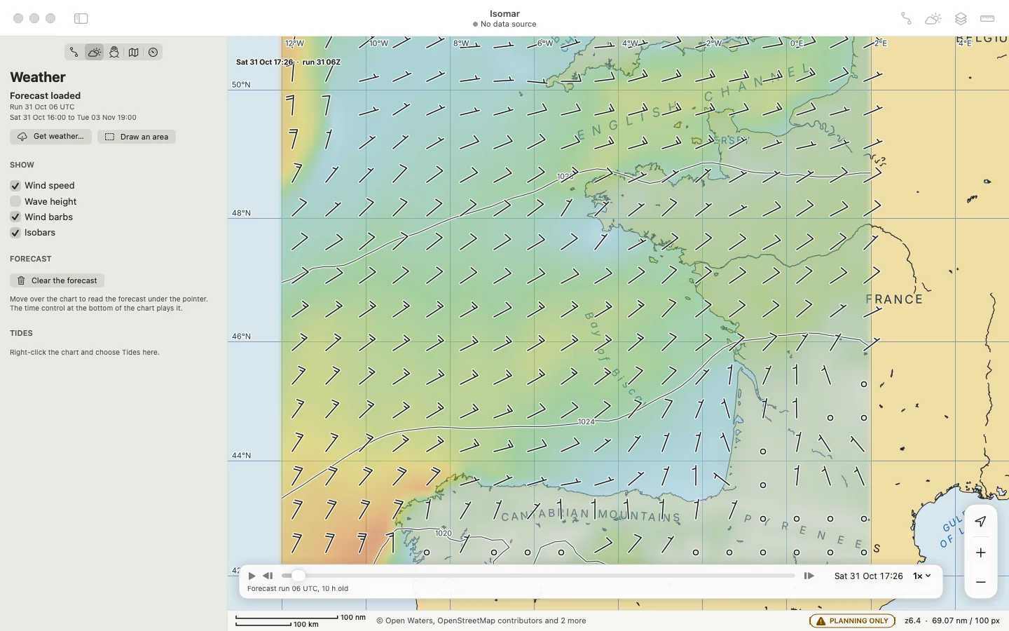 A wind forecast over the Bay of Biscay on macOS.